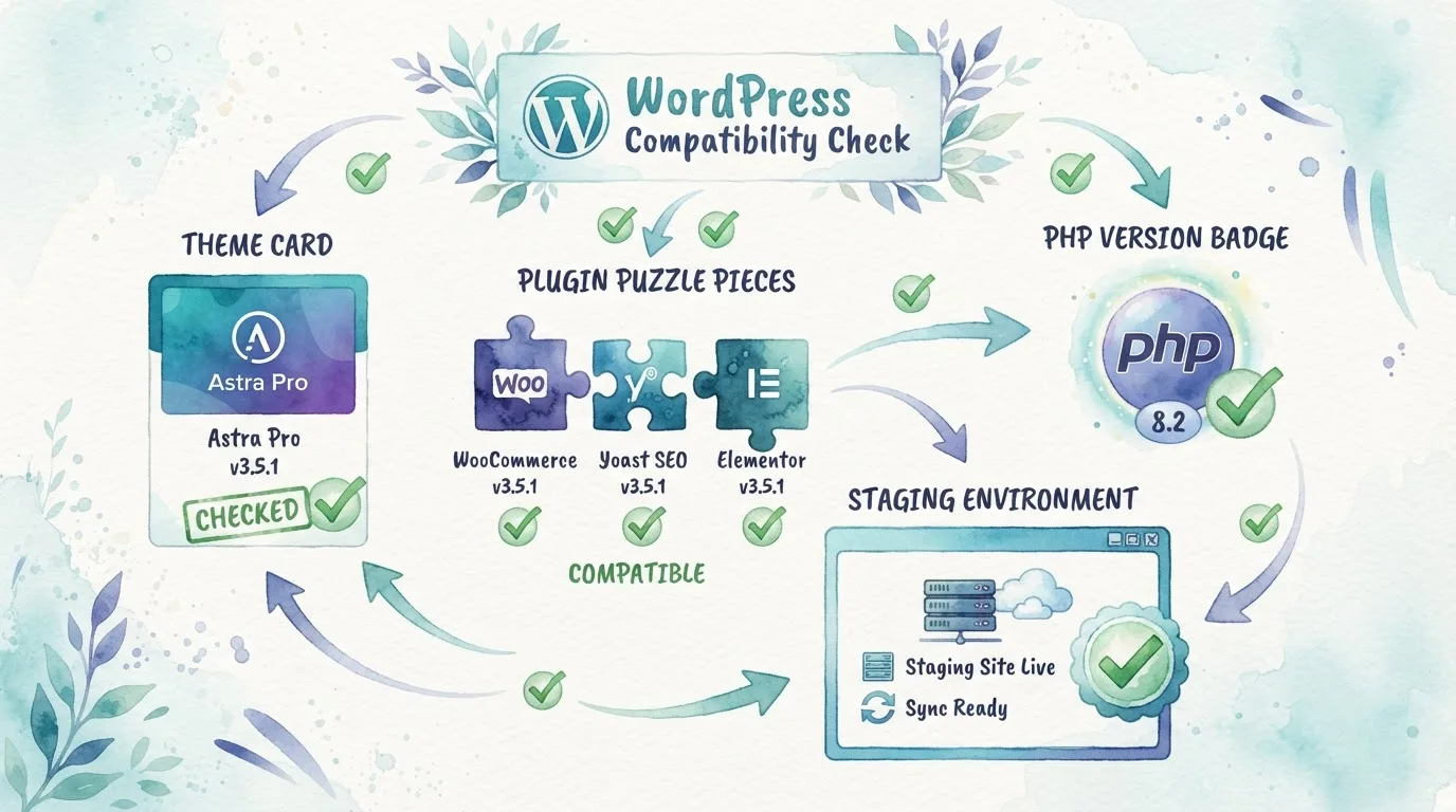 WordPress uyumluluk kontrolünü gösteren sade akış diyagramı